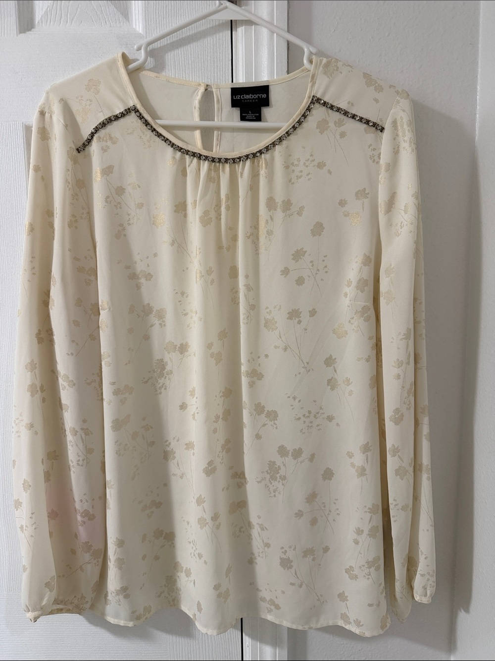 Liz Claiborne Cream Floral Beaded Neck Blouse